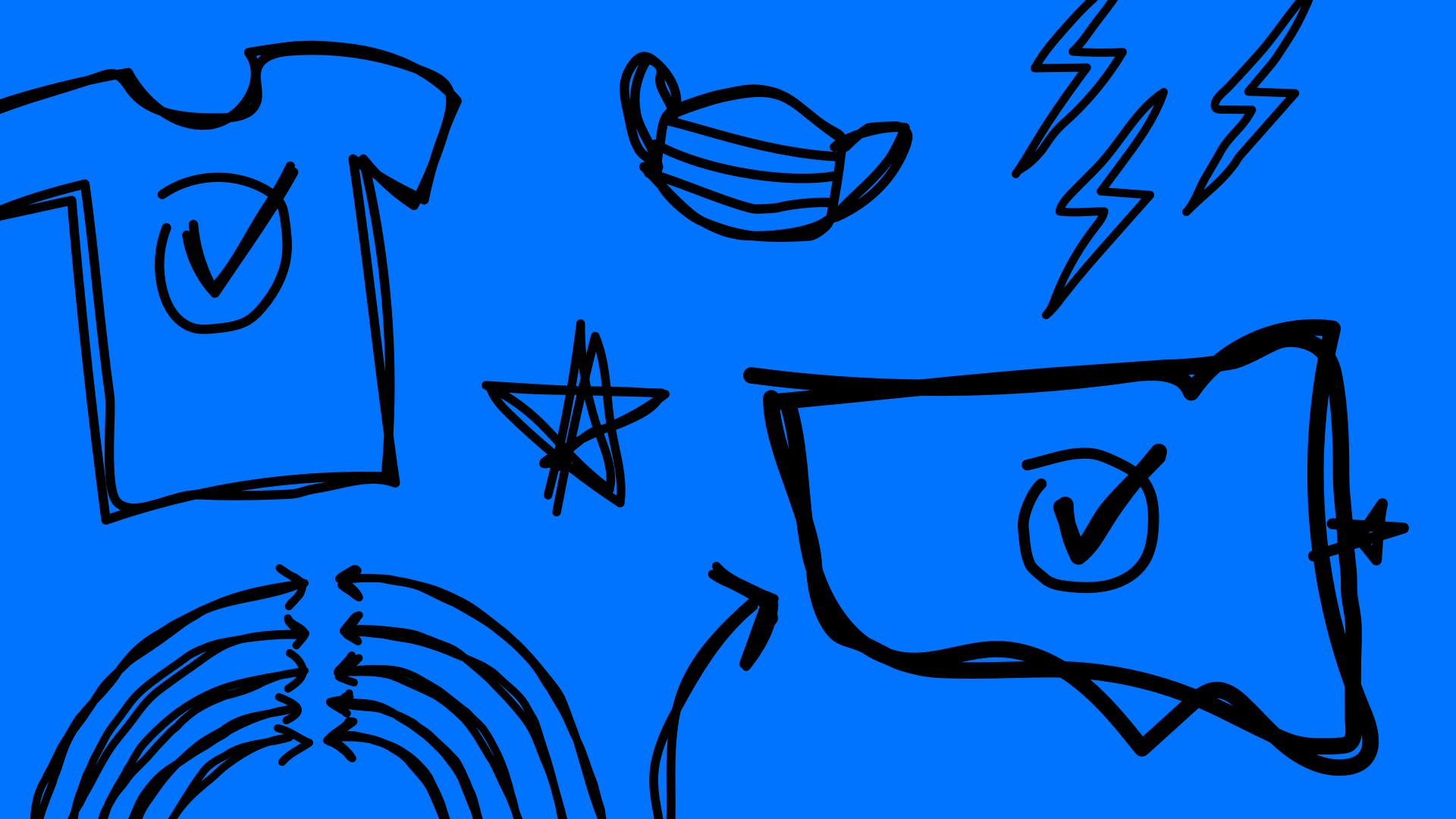 Doodles of a T-shirt, US map, lightning bolts, arrows, a star and medical mask.